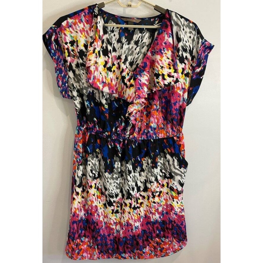 Fynn & Rose Bright Abstract Print Short Sleeve Ruffle Dress Gathered Waist 18W